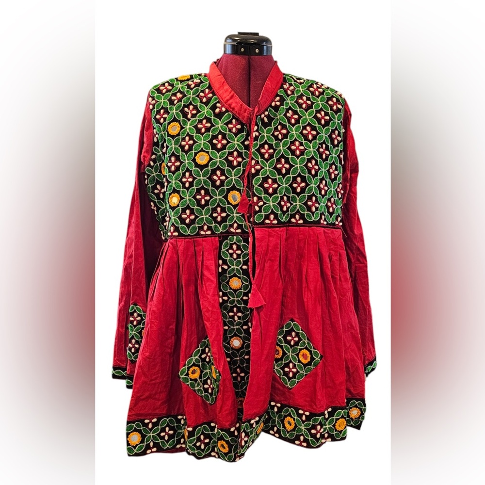 Embroidered Afghan Kachchh Kala Kochi Red and Green Mirror Top dress Kadiya